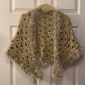 HANDMADE CROCHETED CAP/WRAP TAN/CREME MARBLED WITH EYELASH TRIM.OSZ NEVER WORN